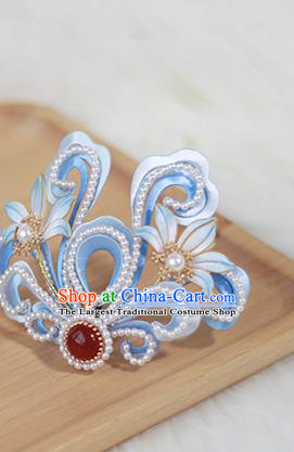 Chinese Ming Dynasty Princess Blue Silk Hair Crown Ancient Court Lady Pearls Hair Accessories