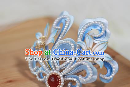 Chinese Ming Dynasty Princess Blue Silk Hair Crown Ancient Court Lady Pearls Hair Accessories