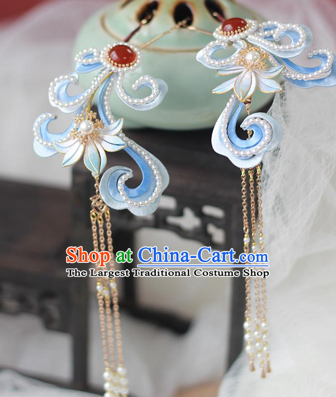 Chinese Traditional Ming Dynasty Hanfu Hair Stick Ancient Court Princess Hair Accessories Ruby Pearls Hairpin