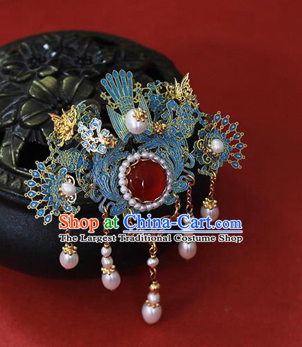 Chinese Traditional Wedding Hair Accessories Ming Dynasty Hanfu Phoenix Hairpin Ancient Princess Pearls Tassel Hair Stick