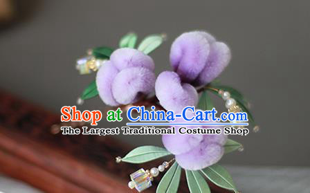 Chinese Qing Dynasty Hairpin Ancient Princess Purple Velvet Flowers Hair Stick Traditional Hair Accessories