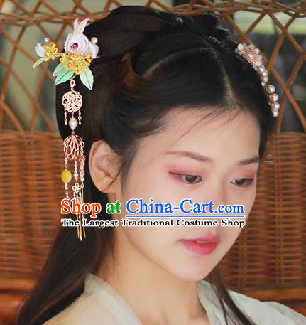 Chinese Traditional Ming Dynasty Hair Accessories Ancient Princess Tassel Hair Stick Silk Osmanthus Rabbit Hairpin