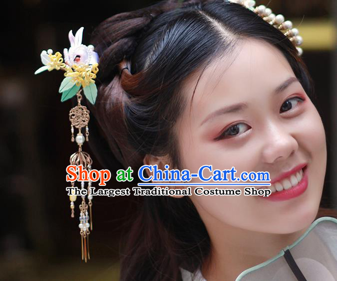 Chinese Traditional Ming Dynasty Hair Accessories Ancient Princess Tassel Hair Stick Silk Osmanthus Rabbit Hairpin