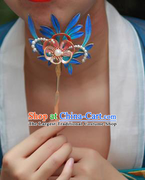 Chinese Ancient Palace Lady Blue Silk Hairpin Traditional Ming Dynasty Flowers Hair Stick