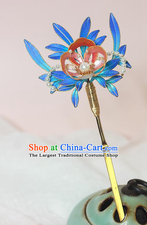 Chinese Ancient Palace Lady Blue Silk Hairpin Traditional Ming Dynasty Flowers Hair Stick
