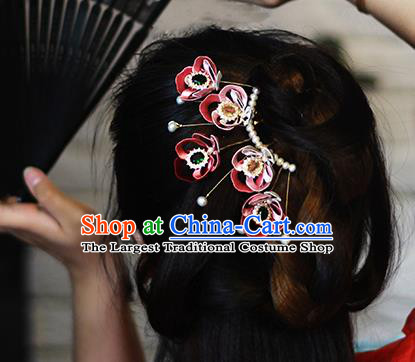 Chinese Ancient Court Woman Hairpin Traditional Song Dynasty Red Silk Peony Hair Comb