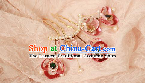 Chinese Ancient Court Woman Hairpin Traditional Song Dynasty Red Silk Peony Hair Comb