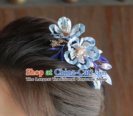 Chinese Ancient Royal Princess Hairpin Traditional Song Dynasty Imperial Consort Blue Silk Peony Hair Comb
