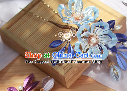 Chinese Ancient Royal Princess Hairpin Traditional Song Dynasty Imperial Consort Blue Silk Peony Hair Comb