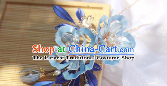 Chinese Ancient Royal Princess Hairpin Traditional Song Dynasty Imperial Consort Blue Silk Peony Hair Comb