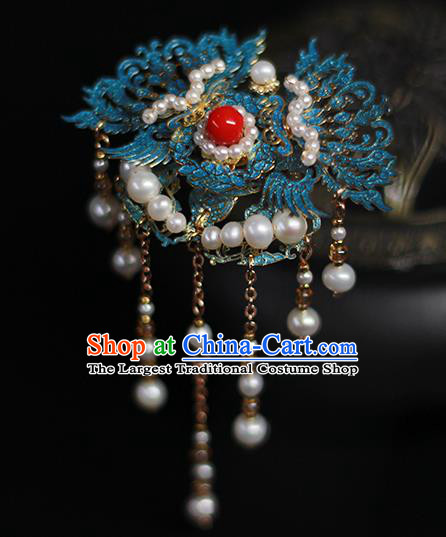 Chinese Traditional Ancient Empress Hair Accessories Ming Dynasty Queen Blueing Phoenix Tassel Hairpin
