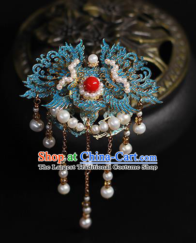Chinese Traditional Ancient Empress Hair Accessories Ming Dynasty Queen Blueing Phoenix Tassel Hairpin