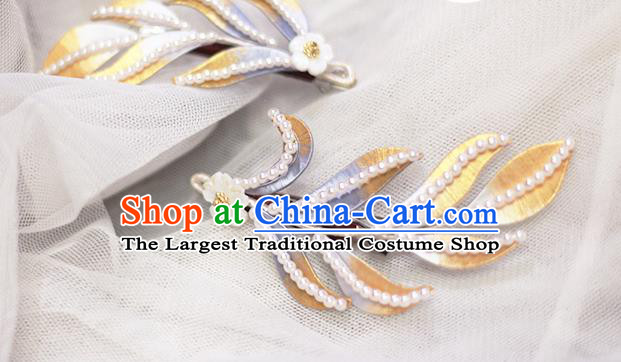 Chinese Ancient Princess Pearls Hair Accessories Traditional Ming Dynasty Silk Leaf Hair Stick