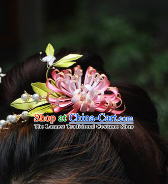 Chinese Traditional Qing Dynasty Pink Silk Chrysanthemum Hairpin Ancient Court Lady Hair Comb