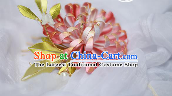 Chinese Traditional Qing Dynasty Pink Silk Chrysanthemum Hairpin Ancient Court Lady Hair Comb
