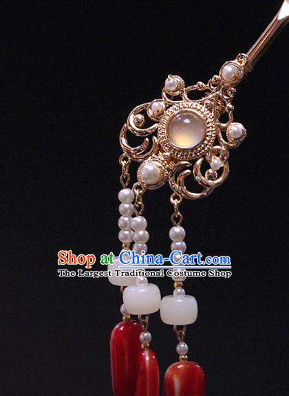 Chinese Ancient Palace Lady Hair Accessories Traditional Ming Dynasty Hanfu Jade Tassel Hairpin