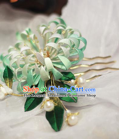 Chinese Traditional Ancient Court Lady Hair Comb Qing Dynasty Green Silk Chrysanthemum Hairpin