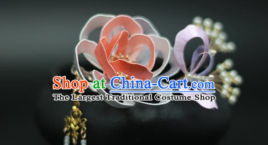 Chinese Ancient Princess Silk Butterfly Flower Hairpin Hair Accessories Traditional Hanfu Tassel Hair Stick