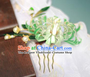 Chinese Traditional Ancient Court Lady Hair Comb Qing Dynasty Green Silk Chrysanthemum Hairpin