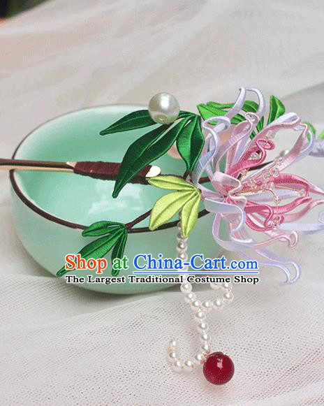 Chinese Traditional Bamboo Leaf Hair Stick Hanfu Hair Accessories Handmade Classical Silk Flower Hairpin