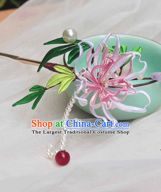 Chinese Traditional Bamboo Leaf Hair Stick Hanfu Hair Accessories Handmade Classical Silk Flower Hairpin