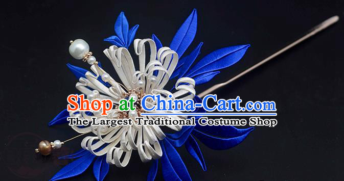 Chinese Traditional White Silk Chrysanthemum Hair Stick Hanfu Hair Accessories Handmade Classical Pearls Hairpin