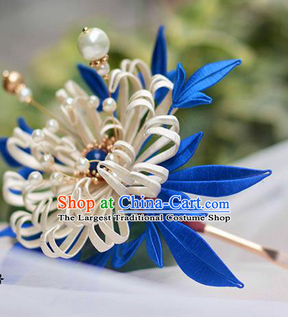 Chinese Traditional White Silk Chrysanthemum Hair Stick Hanfu Hair Accessories Handmade Classical Pearls Hairpin