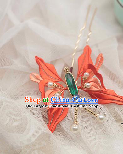 Chinese Traditional Red Silk Butterfly Hair Stick Hair Accessories Handmade Classical Hairpin