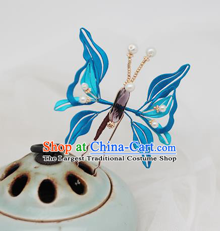 Chinese Handmade Classical Hairpin Traditional Blue Silk Butterfly Hair Stick Hair Accessories