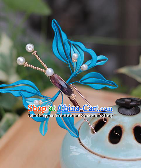 Chinese Handmade Classical Hairpin Traditional Blue Silk Butterfly Hair Stick Hair Accessories