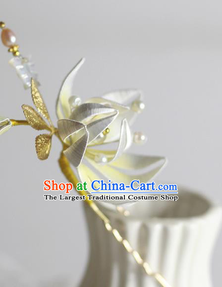 Chinese Handmade Beige Silk Flower Hair Stick Traditional Hanfu Hairpin Classical Hair Accessories