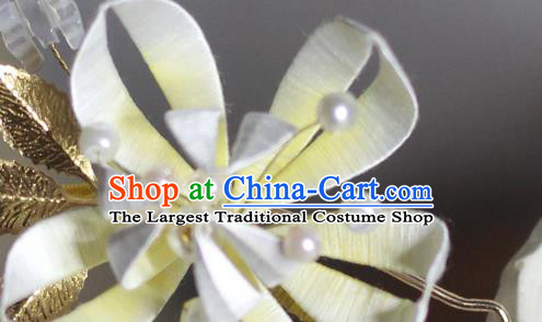 Chinese Handmade Beige Silk Flower Hair Stick Traditional Hanfu Hairpin Classical Hair Accessories