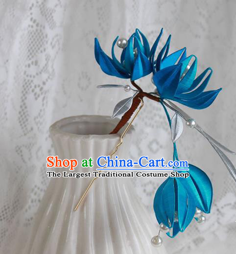 Chinese Handmade Peacock Blue Silk Hair Stick Traditional Song Dynasty Flowers Hairpin Classical Hair Accessories