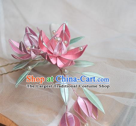 Chinese Traditional Song Dynasty Flowers Hairpin Classical Hair Accessories Handmade Pink Silk Hair Stick