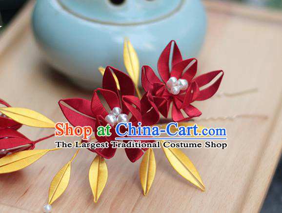 Chinese Traditional Song Dynasty Palace Lady Hairpin Handmade Ancient Princess Red Silk Hair Stick