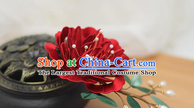 Chinese Traditional Red Silk Peony Hair Stick Hanfu Hair Accessories Handmade Classical Pearls Hairpin