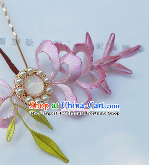 Chinese Traditional Pearls Hair Stick Hanfu Hair Accessories Handmade Classical Pink Silk Wisteria Hairpin