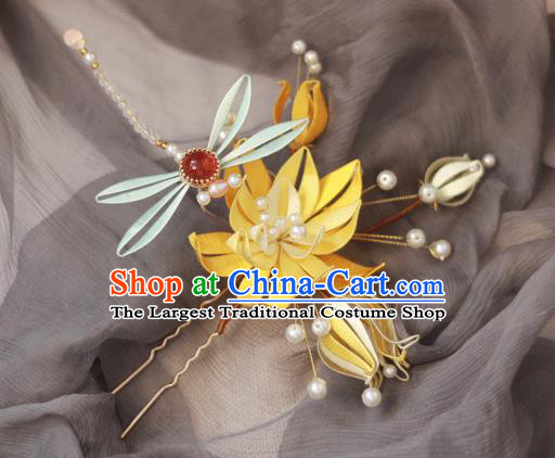 Chinese Ancient Princess Hairpin Handmade Yellow Silk Lotus Dragonfly Hair Stick
