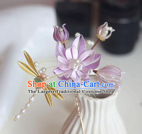Chinese Handmade Lilac Silk Lotus Dragonfly Hair Stick Ancient Palace Lady Pearls Hairpin