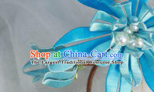 Chinese Handmade Blue Silk Flowers Hairpin Ancient Ming Dynasty Hair Stick