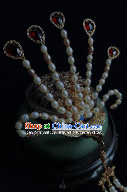 Chinese Ancient Ming Dynasty Empress Pearls Phoenix Hair Crown Traditional Red Crystal Tassel Hairpin