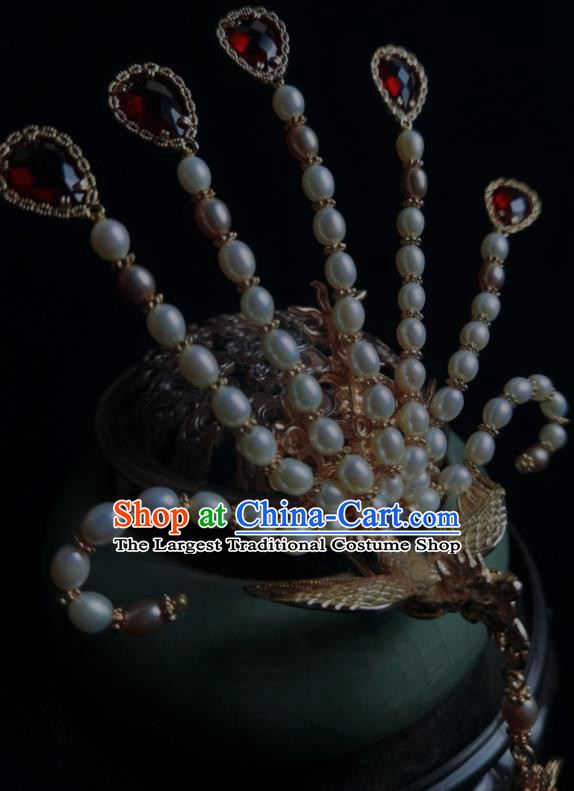 Chinese Ancient Ming Dynasty Empress Pearls Phoenix Hair Crown Traditional Red Crystal Tassel Hairpin