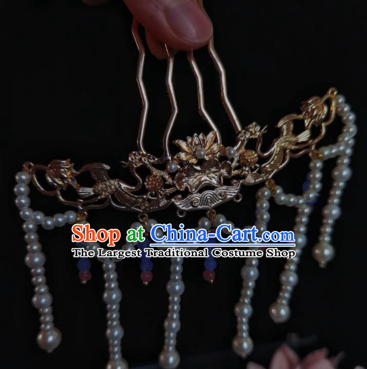 Chinese Traditional Golden Lotus Hairpin Ancient Ming Dynasty Empress Pearls Tassel Hair Comb