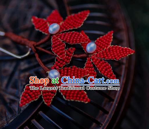 Chinese Traditional Handmade Hanfu Hairpin Ancient Princess Red Beads Maple Leaf Hair Stick