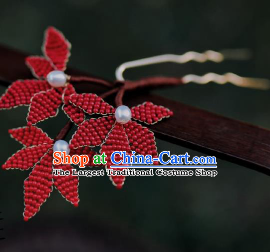 Chinese Traditional Handmade Hanfu Hairpin Ancient Princess Red Beads Maple Leaf Hair Stick