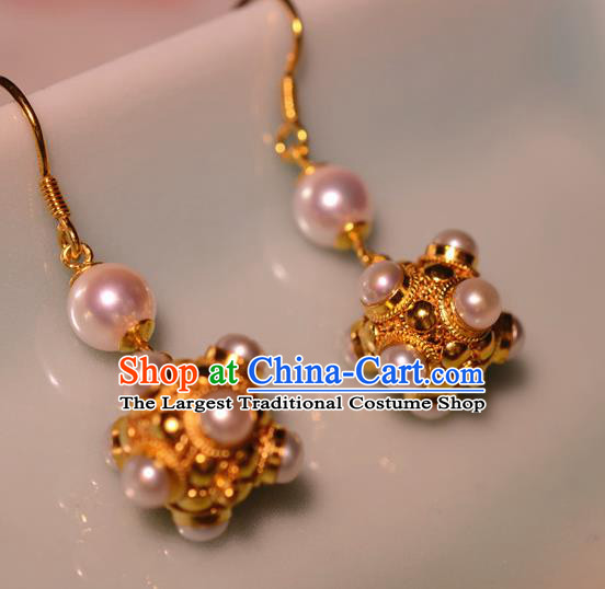 Chinese Ancient Court Princess Golden Ear Jewelry Traditional Tang Dynasty Pearls Earrings Accessories