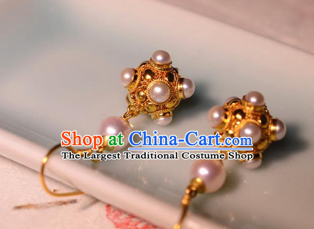 Chinese Ancient Court Princess Golden Ear Jewelry Traditional Tang Dynasty Pearls Earrings Accessories