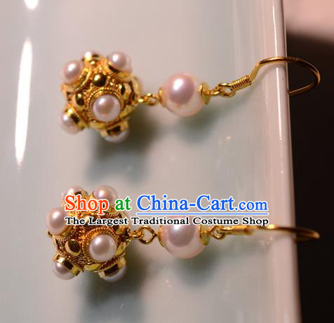 Chinese Ancient Court Princess Golden Ear Jewelry Traditional Tang Dynasty Pearls Earrings Accessories