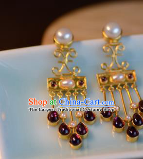 Chinese Ancient Court Pearls Golden Ear Jewelry Traditional Tang Dynasty Garnet Tassel Earrings Accessories