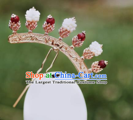 Chinese Traditional Hanfu Agate Golden Hairpin Ancient Ming Dynasty Empress Pearls Hair Stick